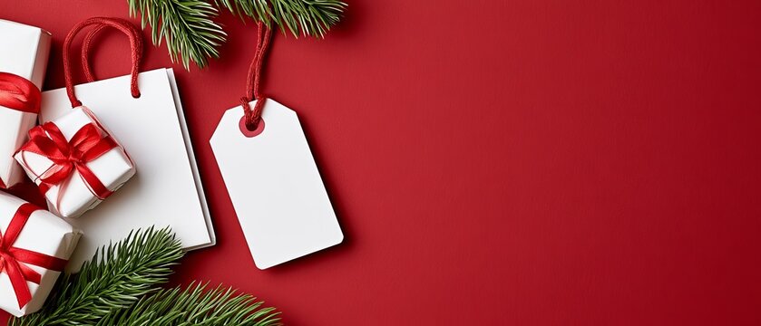 Festive christmas sale decorations with gift boxes shopping bag and blank gift tag on red background