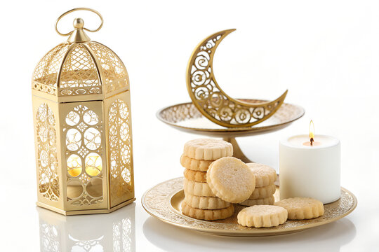 Golden lantern and crescent moon plate with cookies and candle for ramadan