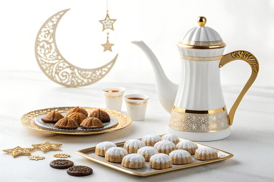 Traditional arabic coffee pot with festive sweets and gold ornaments for ramadan