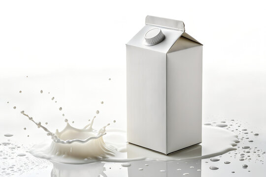 White milk carton packaging mockup with fresh milk splash on surface