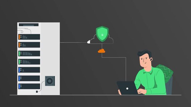 Dedicated server administrator managing secure cloud infrastructure and network systems through animated digital laptop footage for modern global business operations