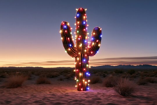 Christmas Lights on Saguaro Cactus at Sunset in the American Southwest Desert