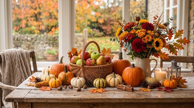 Autumn harvest display with pumpkins and fall vegetables on table