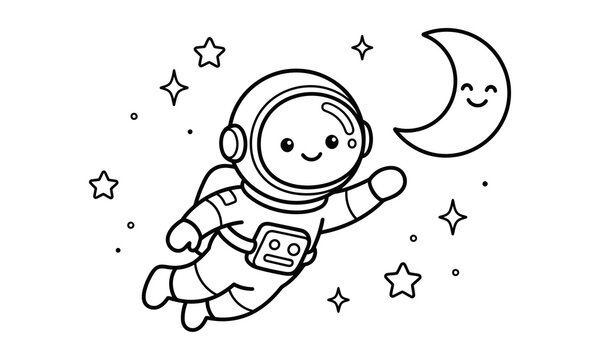A cartoon astronaut floats among stars and a crescent moon in a black and white line drawing space