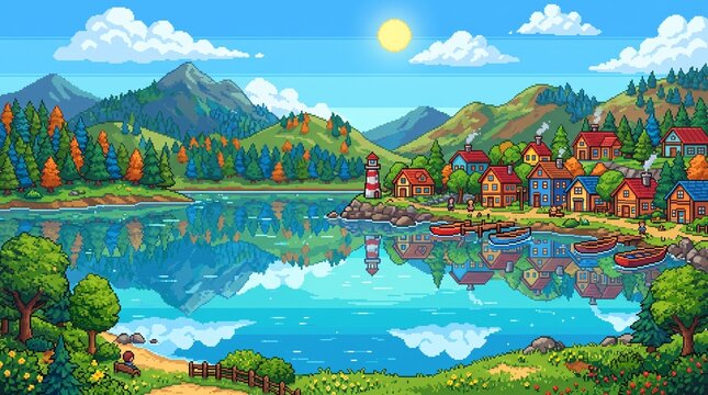 Colorful pixel art village by a calm lake at sunset