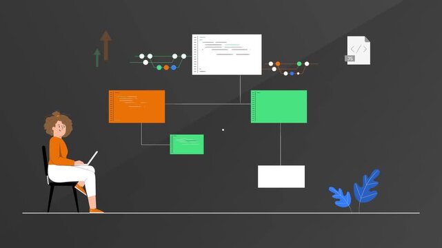 Software developer working on coding projects in this animated motion video featuring complex flowchart data structures and modern programming interfaces