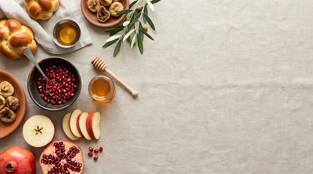 Traditional rosh hashanah foods arranged on a linen background