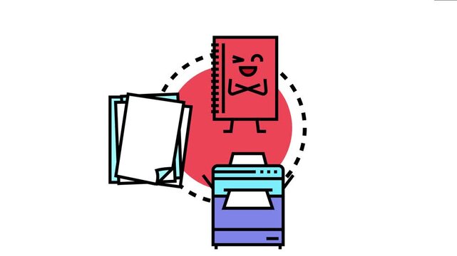 Conceptual depicting a cheerful notebook character interacting with a stack of papers and a printing machine, symbolizing office tasks, education, and document management