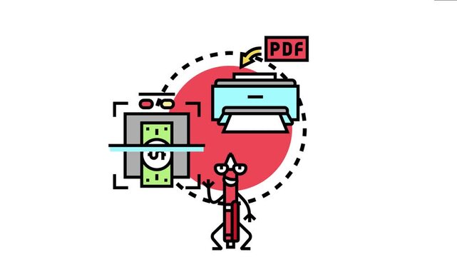 Documents, including currency, undergoing scanning, printing, and file conversion processes, representing fraud and illegal content creation in an educational context