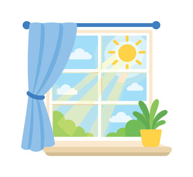 Bright sunny day seen through a window with a potted plant and blue curtain
