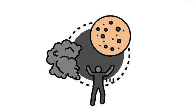 Silhouette of a person standing with arms raised, a cloud of smoke or explosion beside them, symbolizing catastrophe and danger under a stylized celestial body in orbit