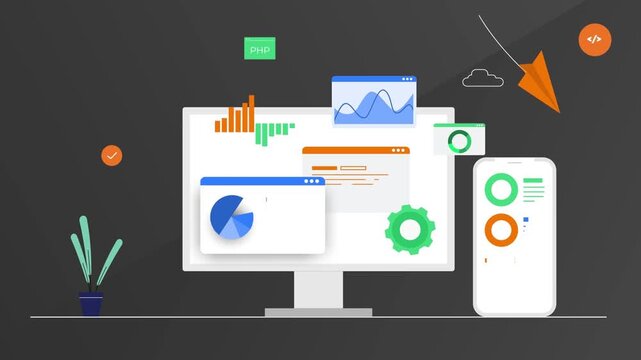 Digital dashboard interface analytics showing professional data visualization charts and application development motion footage for modern creative business technology marketing plans