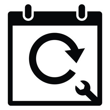 Black and white calendar icon with circular arrow and wrench symbol representing recurring service and maintenance calendar maintenance schedule