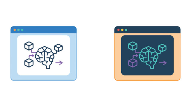 Abstract representation of artificial intelligence processing data cubes around a stylized brain within a digital interface window illustration