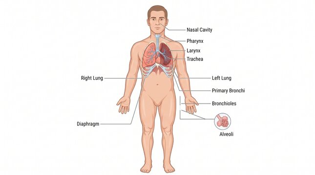 Detailed Human Respiratory System Anatomical Diagram Showing Lungs Diaphragm and Airway Pathways