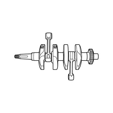 Technical line art illustration of an engine crankshaft with connecting rods.
