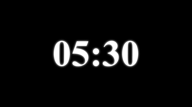 6 Minutes Countdown Timer, white Numbers on a black Background.1 Minute countdown animation on black background.