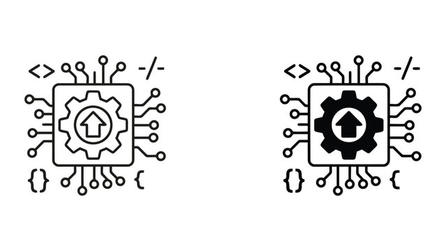Central processor chip with gear symbol and code brackets representing software development and engineering