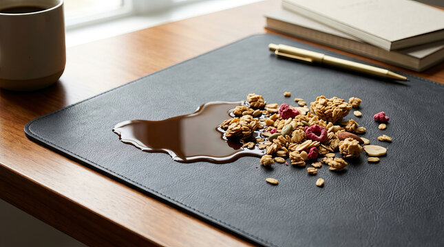 Spilled coffee and granola cereal on a black leather desk pad. Accidental mess on a wooden workspace table with pen and notebook
