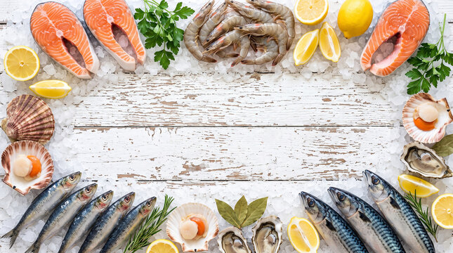 Fresh raw seafood ingredients with lemon on white wooden background. Top view mockup space for seafood restaurant menu.