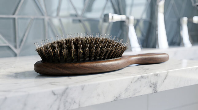 Wooden hairbrush on a white marble bathroom countertop. Modern grooming accessory and interior design