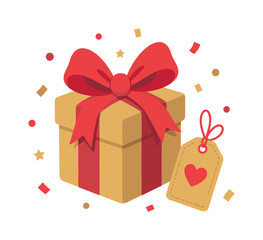 Fototapeta premium Festive gift box with red ribbon and heart tag surrounded by confetti