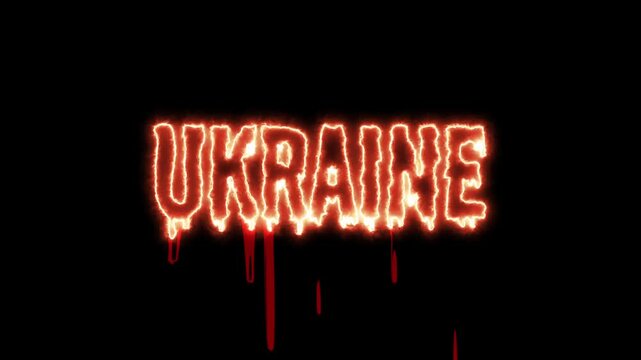 Blood dripping from the burning word Ukraine set against a black backdrop