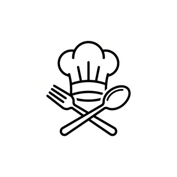 Minimalist chef hat icon with crossed fork and spoon, black line art restaurant logo, culinary professional symbol on white background