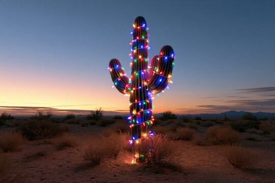 Christmas Lights on Saguaro Cactus at Sunset in the American Southwest Desert