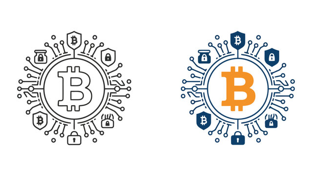 Bitcoin cryptocurrency logo surrounded by digital circuit board elements with security icons