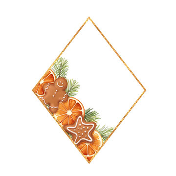 Hand-drawn Christmas golden diamond frame gingerbread dried orange illustration