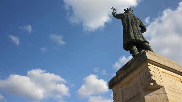 Historical monument of stephen the great in iasi, romania, with beautiful blue sky and clouds.