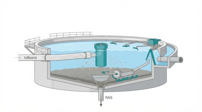 Water treatment process at wastewater treatment plant showing clarifier with influent entering and treated water exiting to RAS