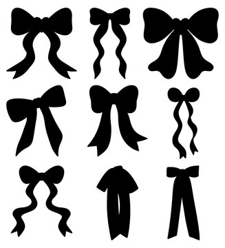 Black Ribbon Bows Silhouette Set, Vintage Bow Knot Icons Vector Illustration