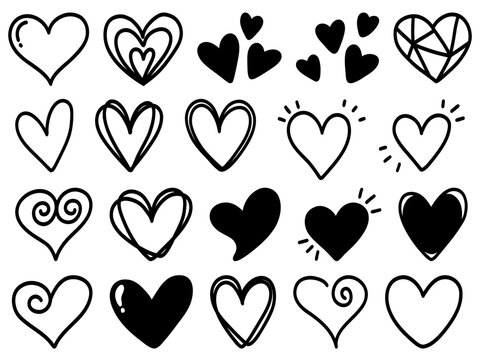 Hand Drawn Hearts Doodle Set, Cute Valentine Romantic Line Art Vector Illustration