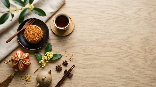 Traditional mooncake and hot tea set for mid-autumn festival