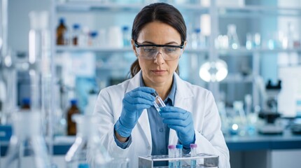 Fototapeta premium Scientific Researcher Carefully Inspecting Sample Vial in Modern Laboratory Environment