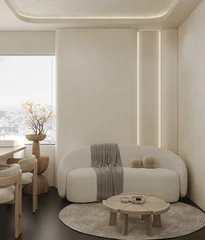 Fototapete Japandi Minimalist beige living room with a curved boucle sofa, round wooden coffee table, soft lighting and neutral textures, creating a warm contemporary interior with panoramic city views.  © Alexuans