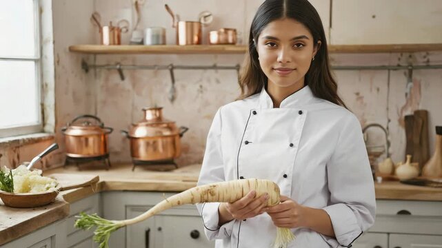 A chef wearing a white jacket and holding a vegetable in a professional kitchen.