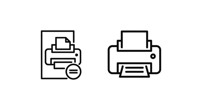 Black outline vector icons showing a printer documentation and a standard print icon with documentation document hardware interface isolated background technology workplace equipment