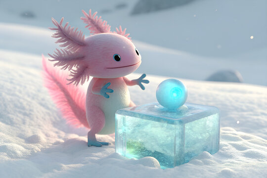 Pink axolotl plush toy standing next to an ice block with glowing blue orb