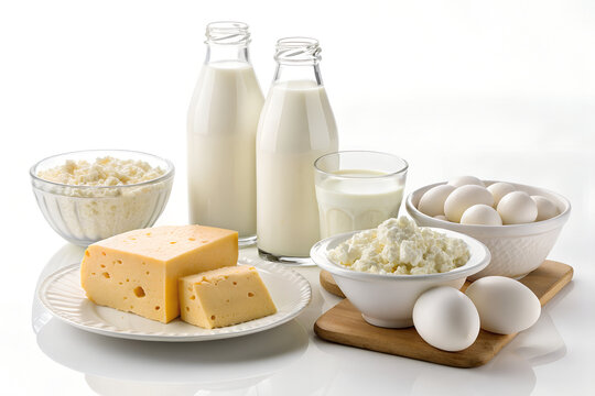 Assorted fresh dairy products including milk bottles cheese eggs and cottage