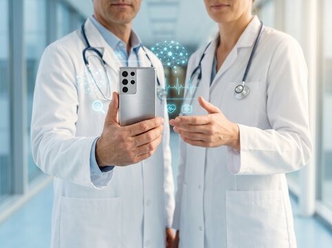 Medical professionals analyzing patient health data using advanced augmented reality smartphone technology in a modern hospital hallway