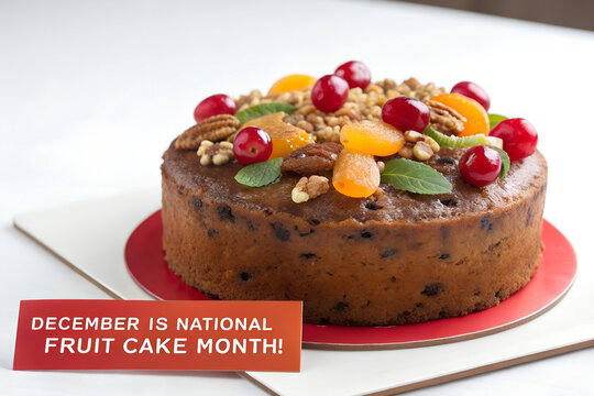 Traditional fruit cake decorated with candied fruit and nuts on red plate