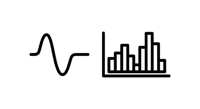Audio sound wave frequency and bar chart statistics outline icons with frequency statistics analytics interface minimalist business performance oscillogram amplitude dynamics