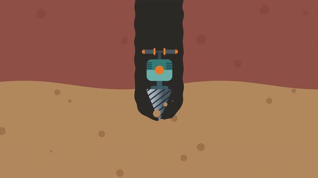 Underground drilling animation with boring machine moving through layered soil and geological strata, flat vector illustration