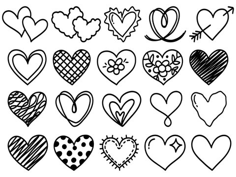 Hand Drawn Cute Hearts Doodle Set, Valentine Romantic Line Art Vector Illustration