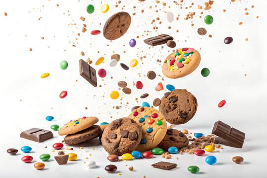 Assorted chocolate chip cookies, chocolate chunks and colorful candy pieces