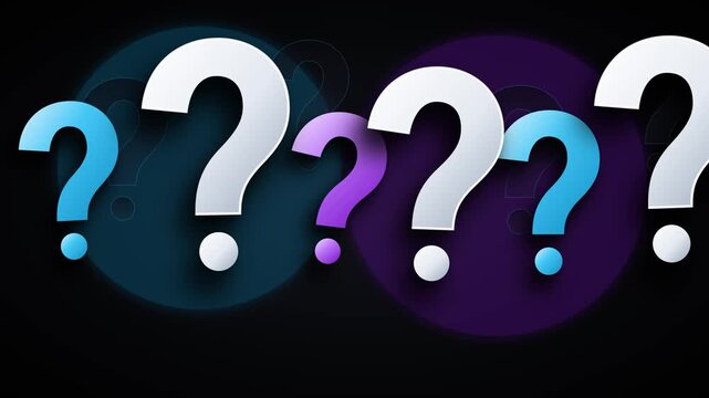 Colorful question marks arranged in a row against a dark background animation.