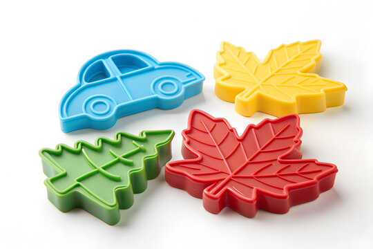 Colorful plastic cookie cutters in shapes of car, leaf and tree on white surface